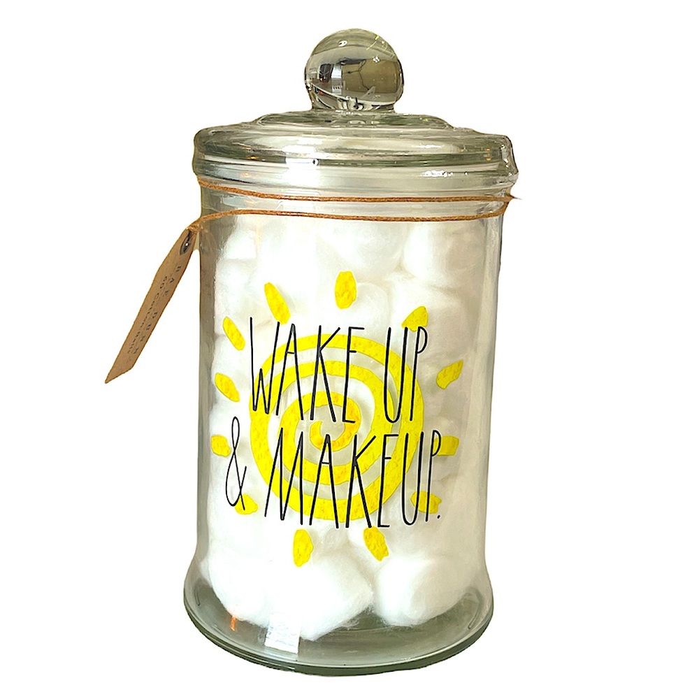 NEW Rae Dunn WAKE UP & MAKEUP Glass Jar w/Lid  & Cotton Balls ☀️☀️☀️